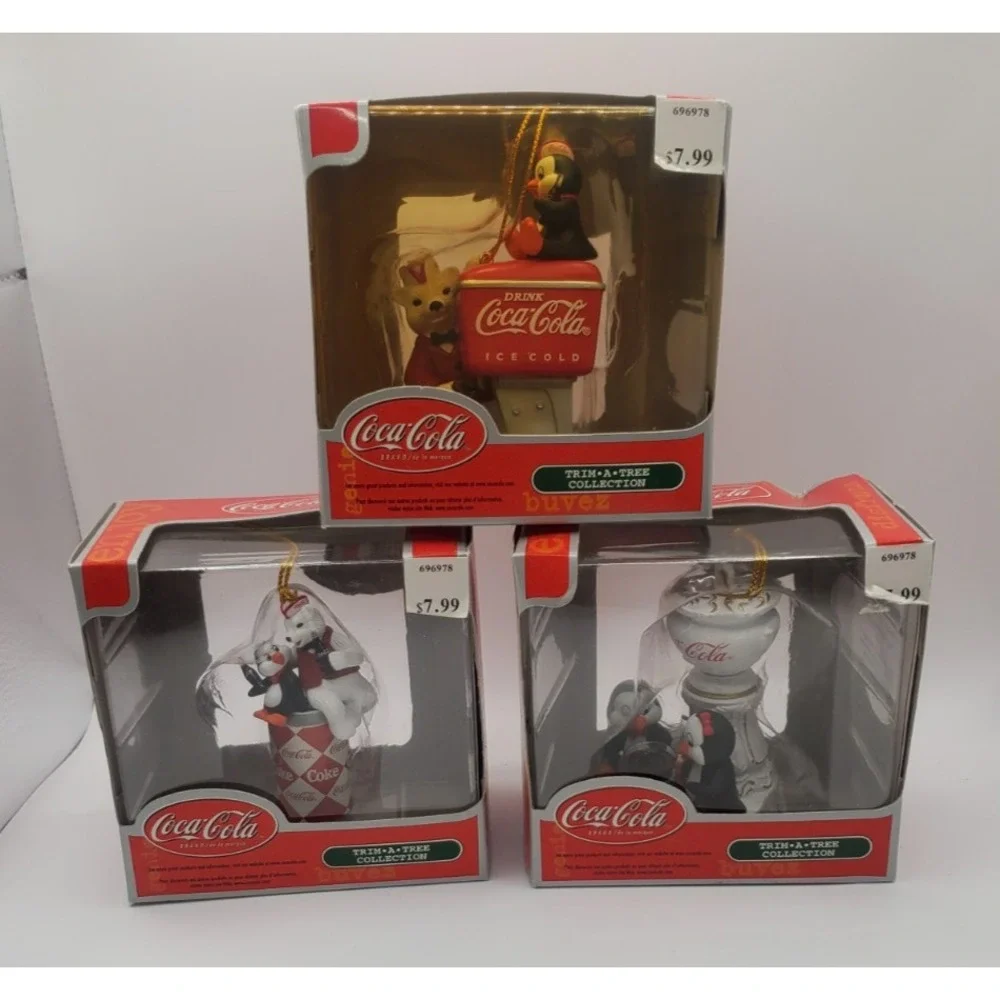 3  VTG Coca-Cola Trim‎ A Tree Christmas Ornaments Penguins Polar Bear